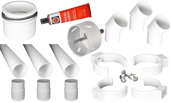Complete regenpijpset, PVC, wit, DN 75, compleet voor één afvoer, met alle toebehoren