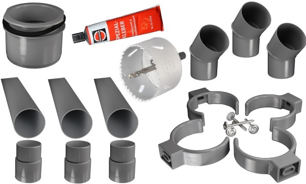 Complete regenpijpset, PVC, grijs, DN 75, compleet voor één afvoer, met alle toebehoren